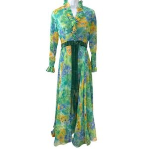 Vintage 1970 Miss Clioette Floral Maxi Dress Prairie Boho Chiffon Sz 10 Festival
